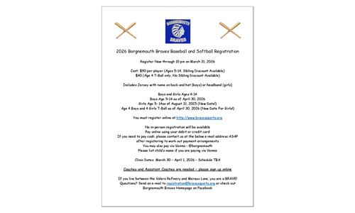 2026 Baseball / Softball / T-Ball Registration Is Open Through March 31, 2026